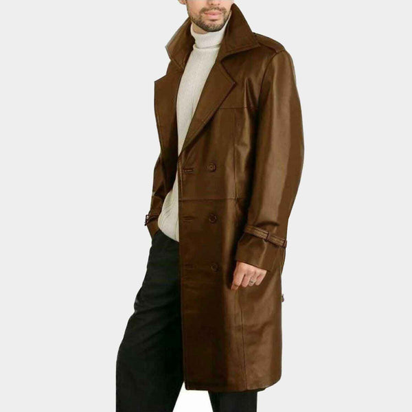 Shop Brown Leather Long Trench Coat For Men