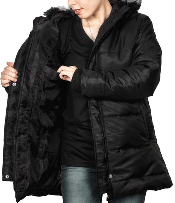 Women’s Elegant Black Puffer Jacket Side View