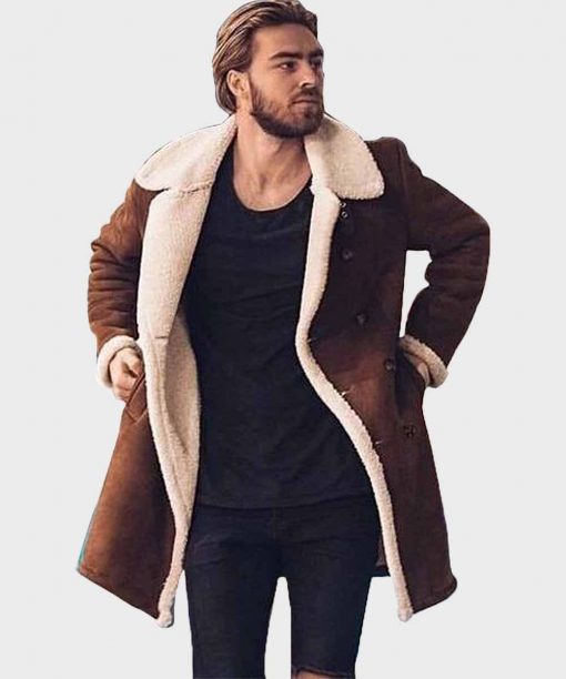 Men’s Faux Fur Collar Shearling Double-Breasted Leather Coat | Brown Winter Jacket by TLJ
