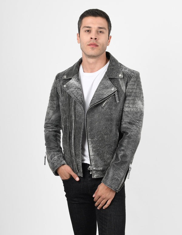 Quilted Shoulder and Sleeve Detail on Crackle Leather Jacket