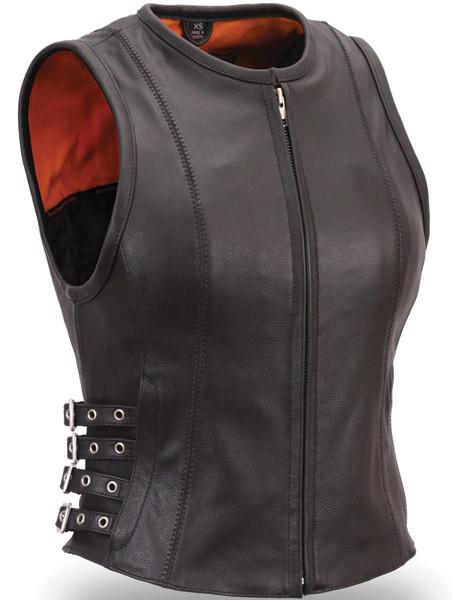Women’s Black Buckled Zip Front Leather Vest – Front View
