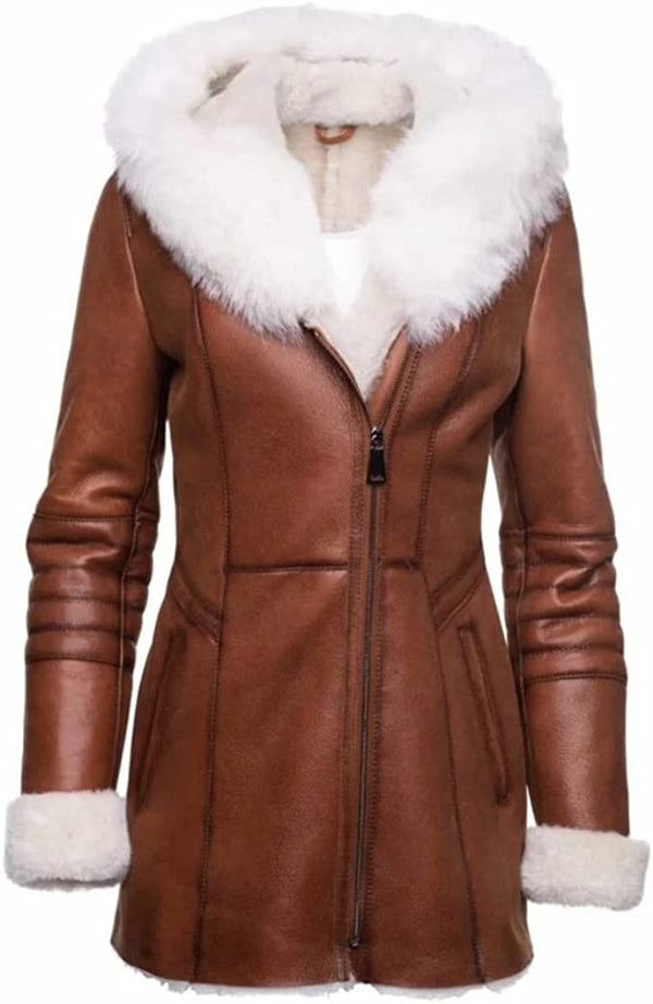 Women’s Brown Lambskin Leather Overcoat with Faux Fur