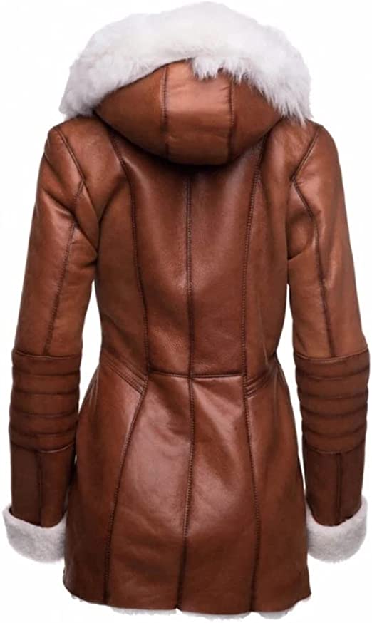 Women’s Brown Lambskin Leather Overcoat with Faux Fur