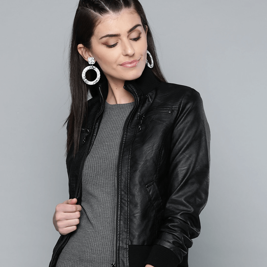 Women’s Black Bomber Leather Jacket Stylish Genuine Leather by TLJ