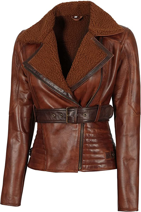 Asymmetrical Ladies Motorcycle Jacket | Faux Fur & Real Leather Biker Style