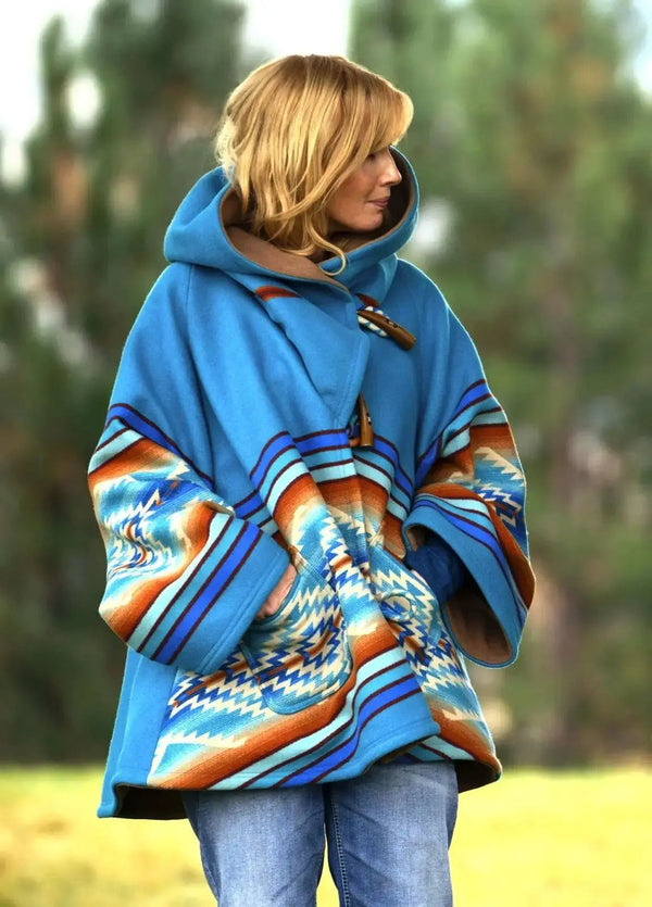 Front view of Kelly Reilly Yellowstone Blue Hooded Fleece Coat