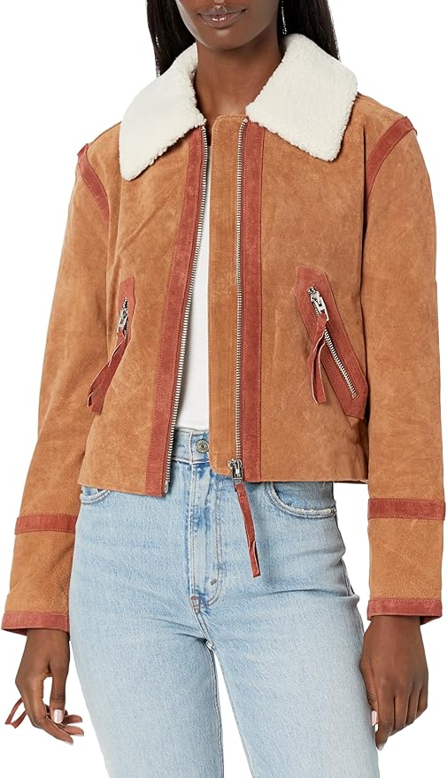 elegant suede leather jacket with Sherpa collar