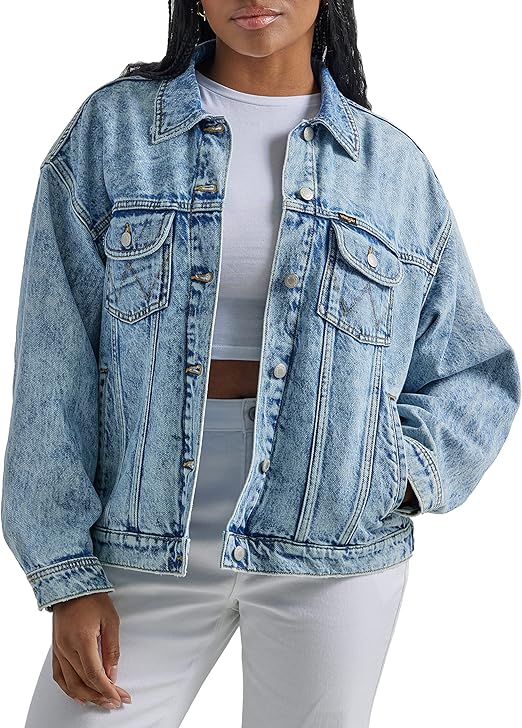 Wrangler Women’s Relaxed Fit Girlfriend Denim Jacket – Casual Blue Jean Outerwear USA
