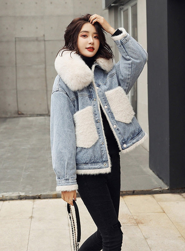 Women's Denim Jacket with Faux Fur Collar