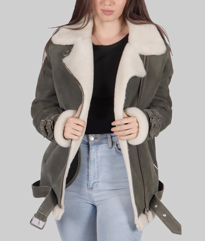 Women’s Grey Shearling Leather Bomber Jacket Front
