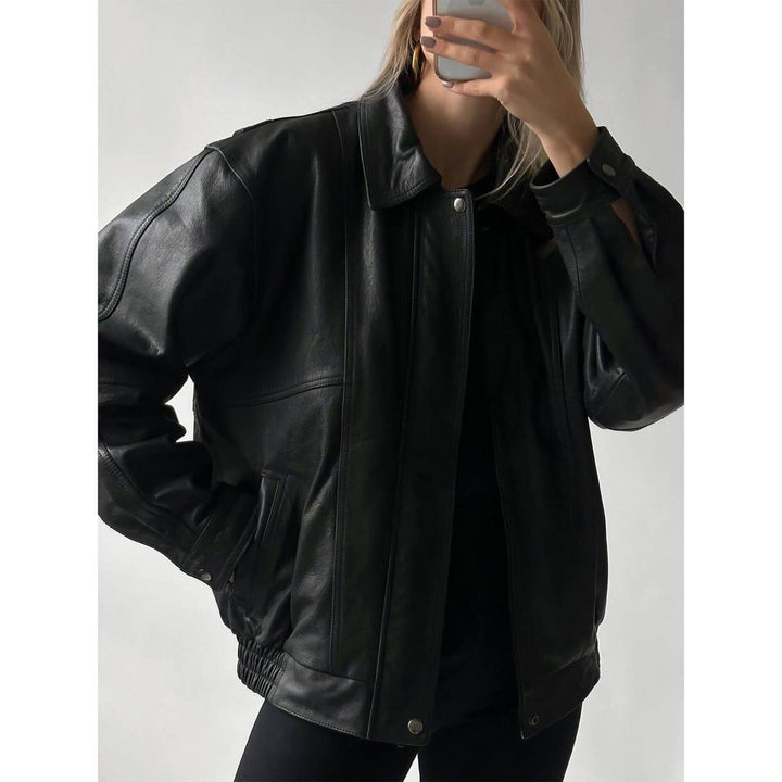 Women’s 90s Vintage Black Lambskin Bomber Jacket – Oversized Retro Handmade Style
