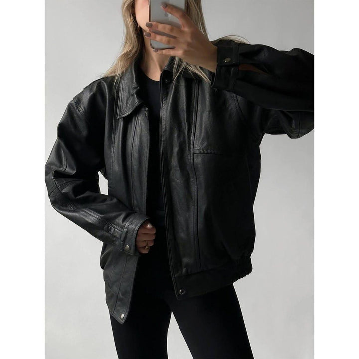 Women’s 90s Vintage Black Lambskin Bomber Jacket – Oversized Retro Handmade Style