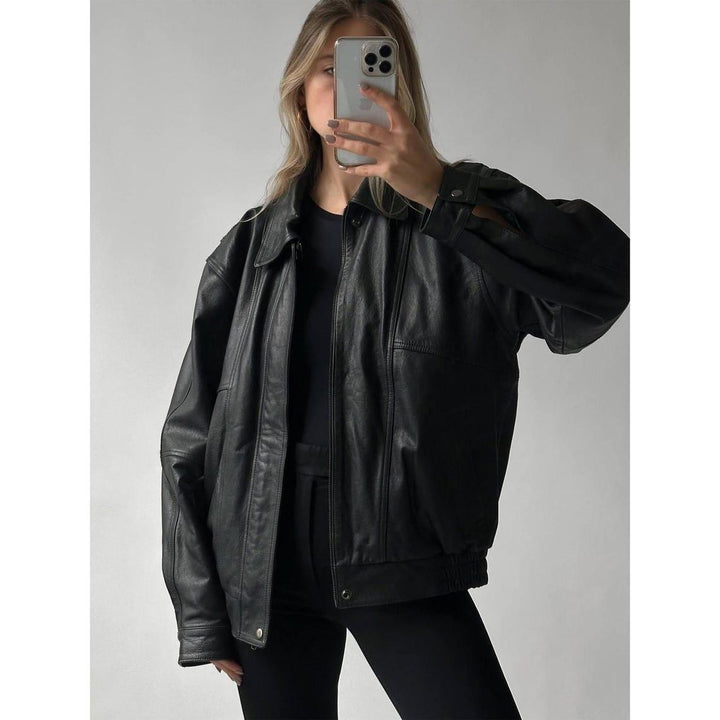 Women’s 90s Vintage Black Lambskin Bomber Jacket – Oversized Retro Handmade Style