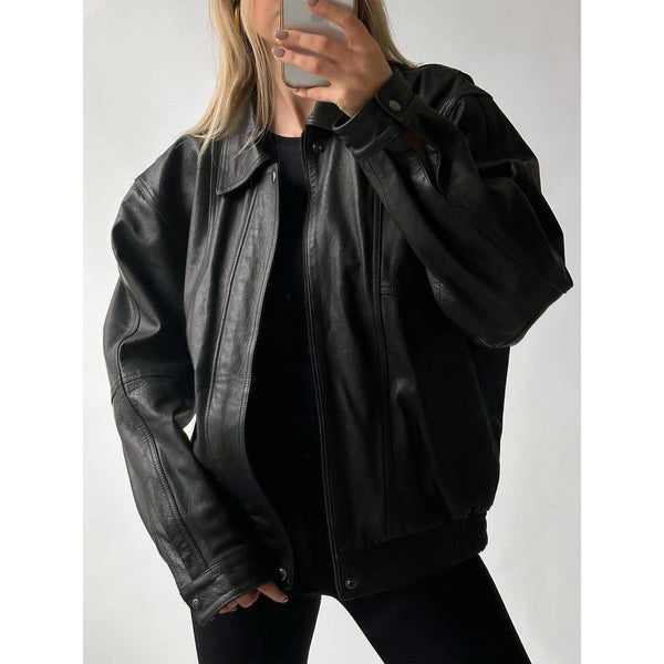 Women’s 90s Vintage Black Lambskin Bomber Jacket – Oversized Retro Handmade Style