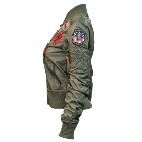 Women’s Top Gun MA-1 Bomber Jacket with Vintage Leather Trim & Flight Patches