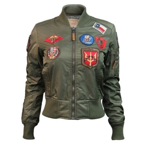 Women’s Top Gun MA-1 Bomber Jacket with Vintage Leather Trim & Flight Patches