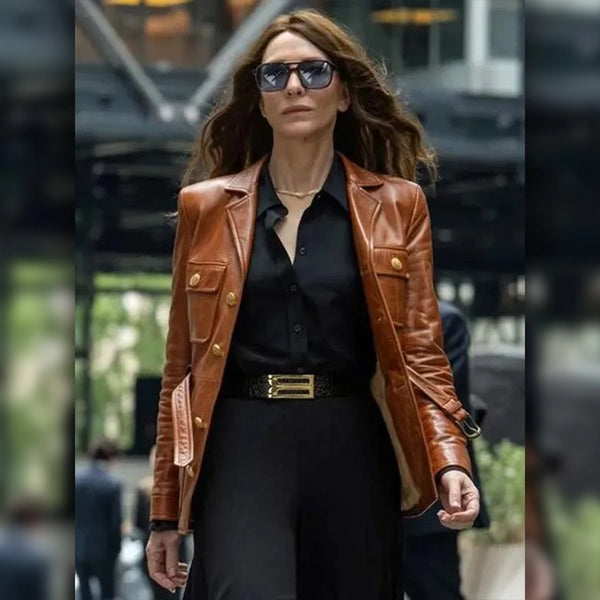 Black Bag 2025 Cate Blanchett Brown Leather Jacket | Women’s Celebrity Style Coat