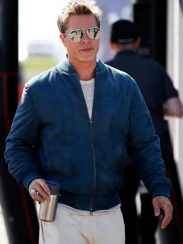 Brad Pitt F1 Blue Suede Bomber Leather Jacket for Men – Formula 1 Inspired Style