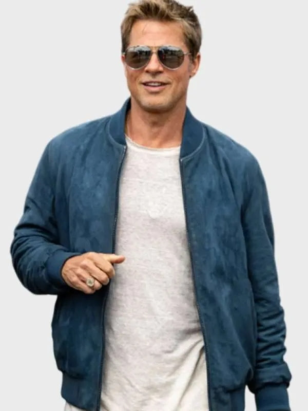 Brad Pitt F1 Blue Suede Bomber Leather Jacket for Men – Formula 1 Inspired Style