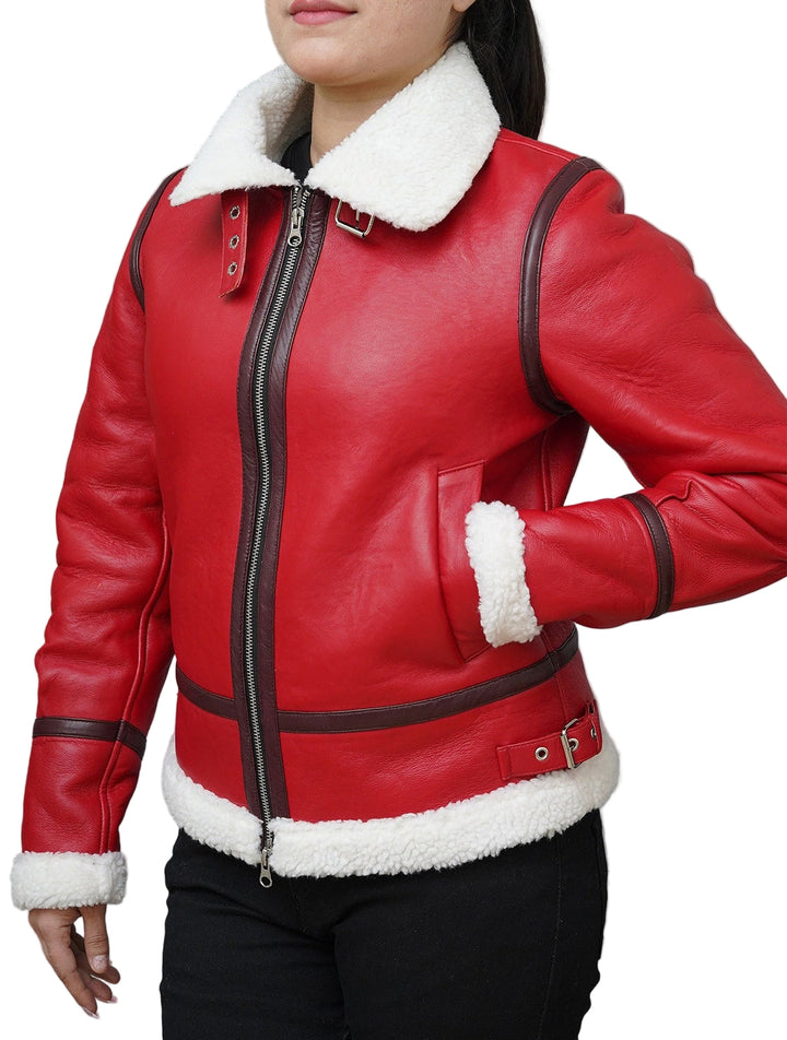 Christmas Jacket Premium red lambskin leather with white faux shearling collar, festive bomber jacket for women