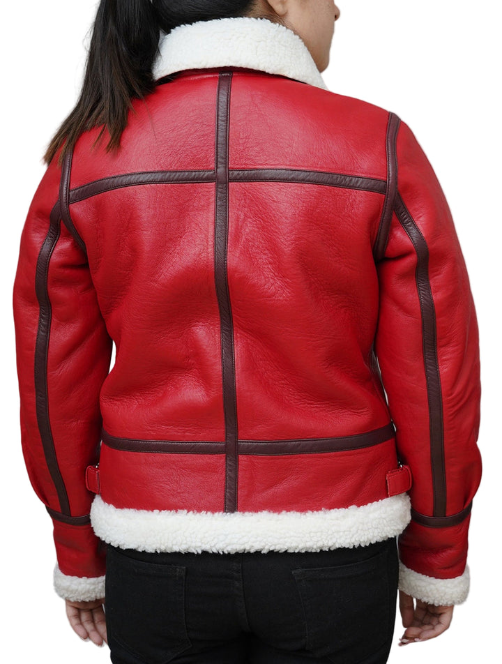 Christmas Jacket Premium red lambskin leather with white faux shearling collar, festive bomber jacket for women