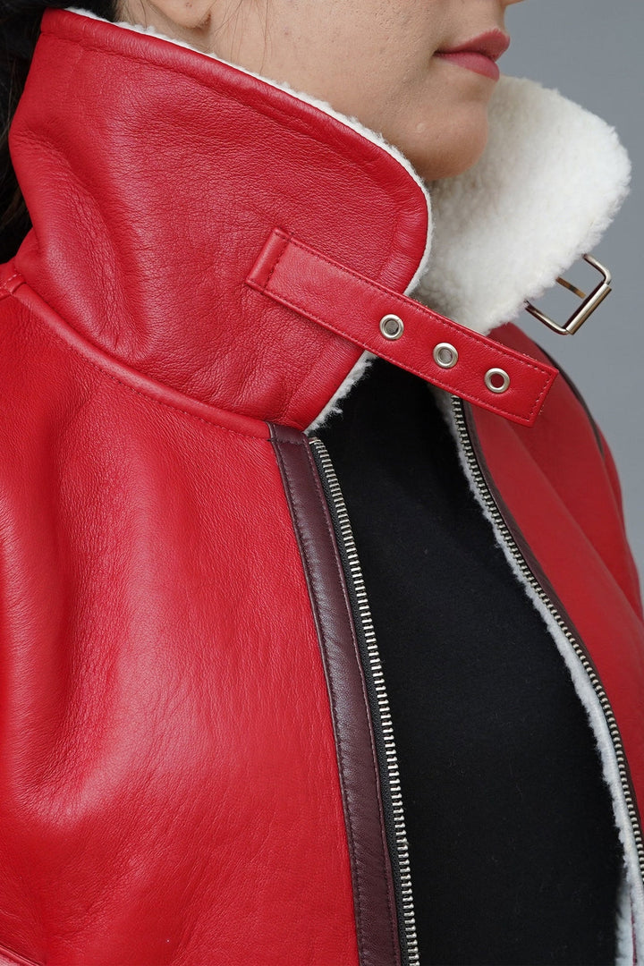 Christmas Jacket Premium red lambskin leather with white faux shearling collar, festive bomber jacket for women