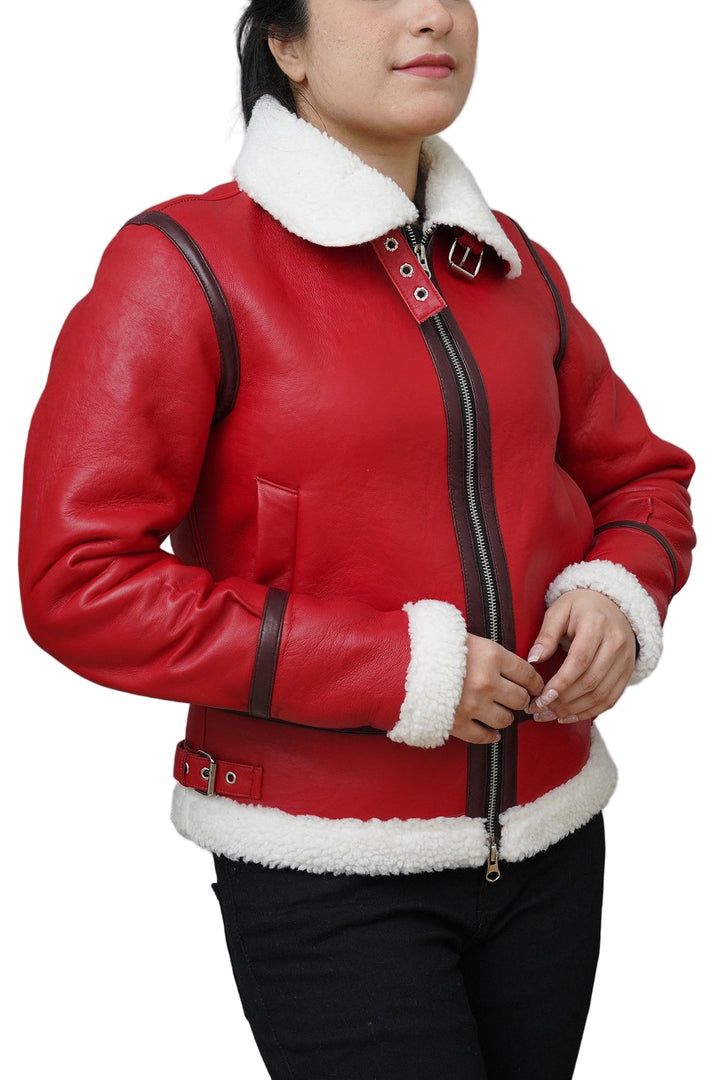 Christmas Jacket Premium red lambskin leather with white faux shearling collar, festive bomber jacket for women