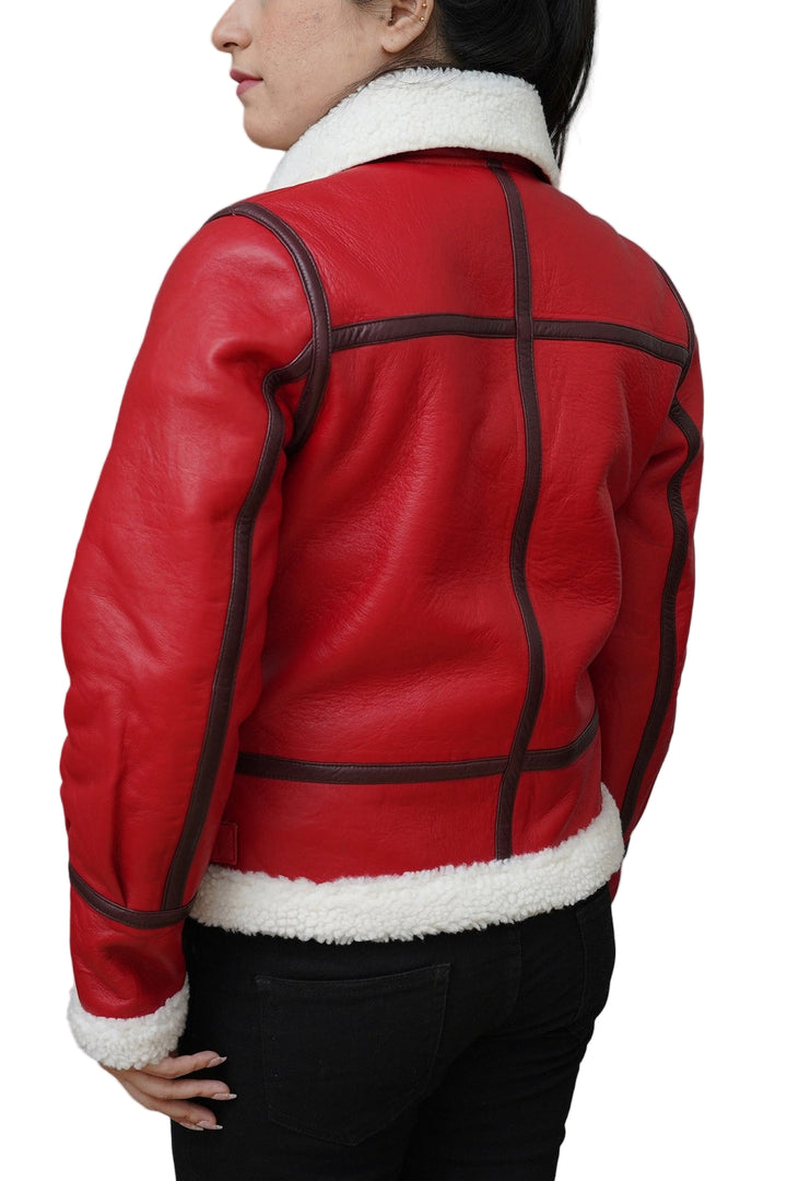 Christmas Jacket Premium red lambskin leather with white faux shearling collar, festive bomber jacket for women