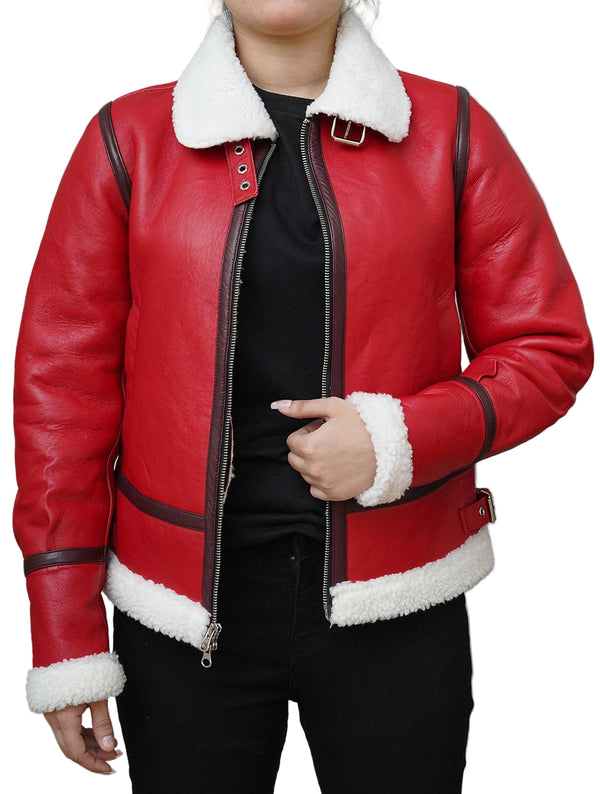Christmas Jacket Premium red lambskin leather with white faux shearling collar, festive bomber jacket for women