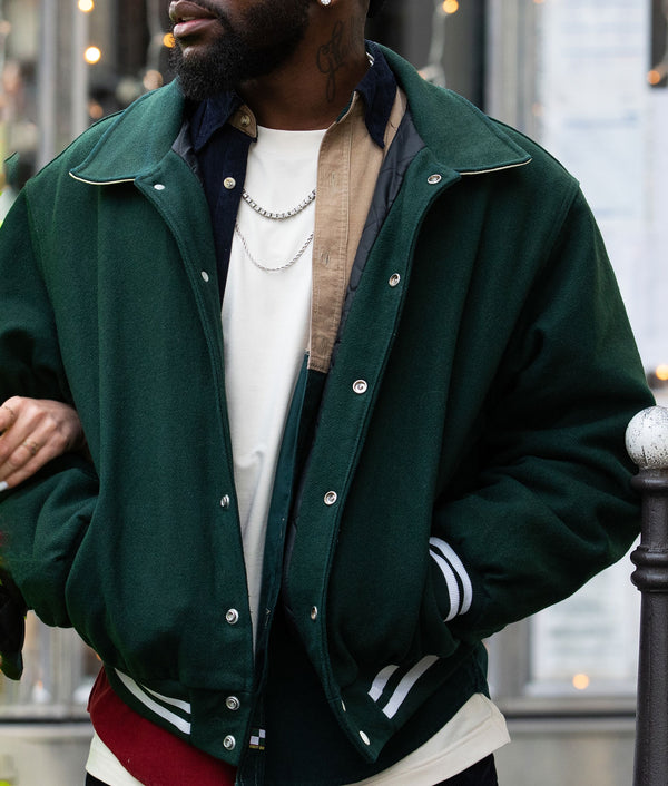 Men’s Christmas Flow Tayc green wool and leather jacket