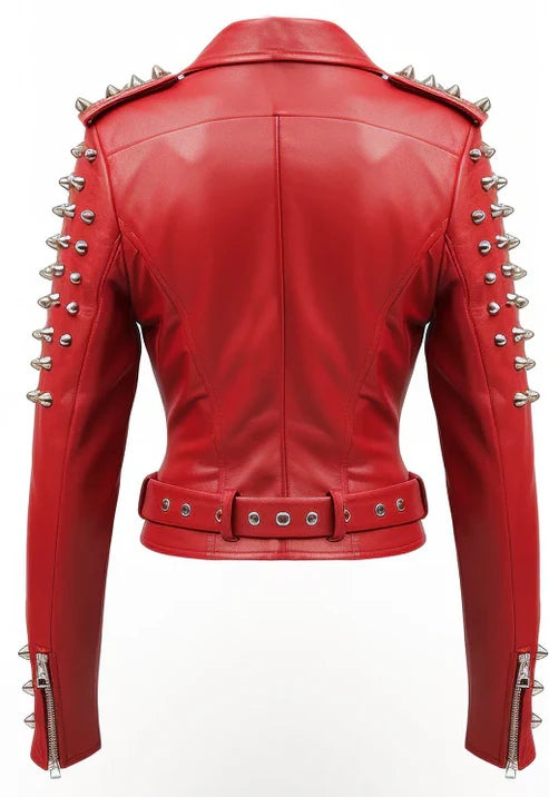 Women’s Red Studded Biker Leather Jacket – Spiked Christmas Moto Style