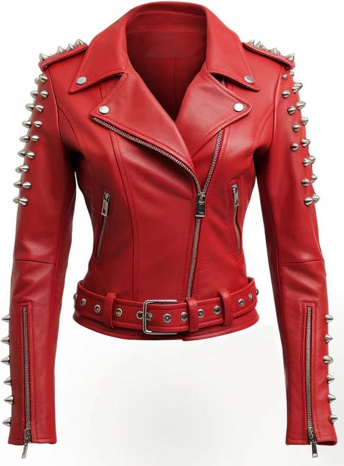 Women’s Red Studded Biker Leather Jacket – Spiked Christmas Moto Style