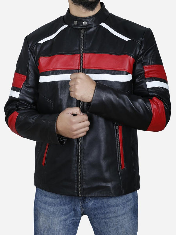 Men’s Black Cafe Racer Leather Jacket with Red and White Stripes – Retro Motorcycle Biker Style
