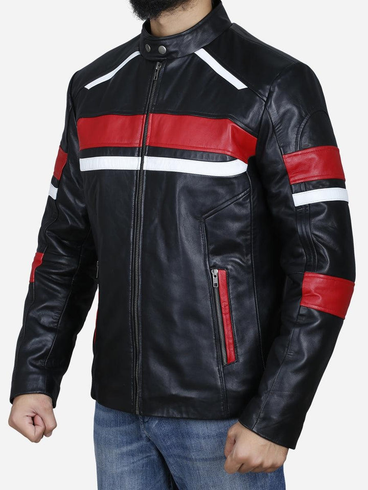 Men’s Black Cafe Racer Leather Jacket with Red and White Stripes – Retro Motorcycle Biker Style