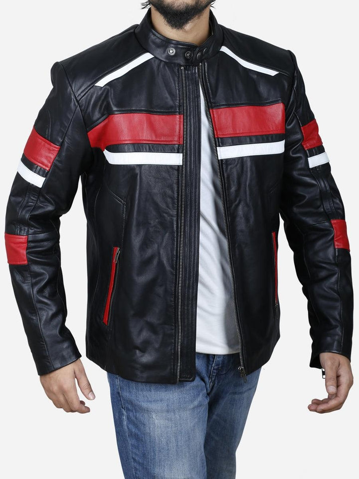 Men’s Black Cafe Racer Leather Jacket with Red and White Stripes – Retro Motorcycle Biker Style