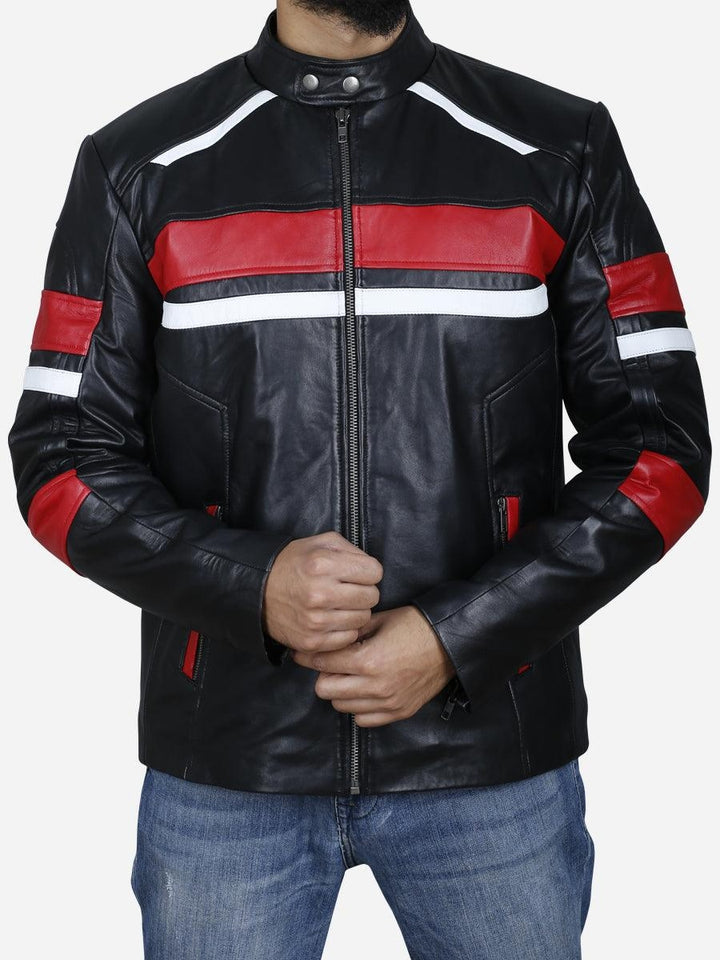 Men’s Black Cafe Racer Leather Jacket with Red and White Stripes – Retro Motorcycle Biker Style