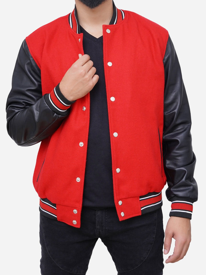 Men’s Izael Red and Black Varsity Bomber Jacket – Wool and Leather Letterman Style Outerwear