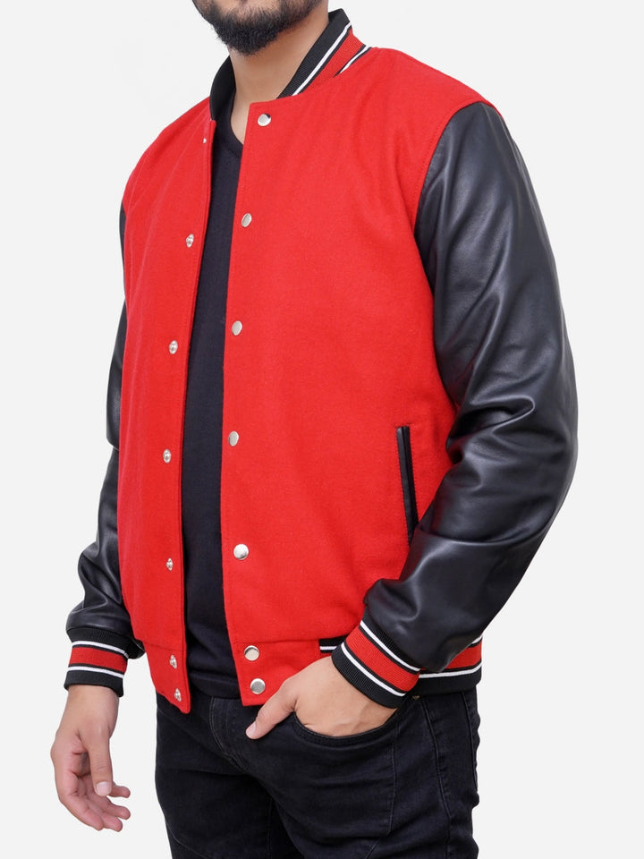 Men’s Izael Red and Black Varsity Bomber Jacket – Wool and Leather Letterman Style Outerwear