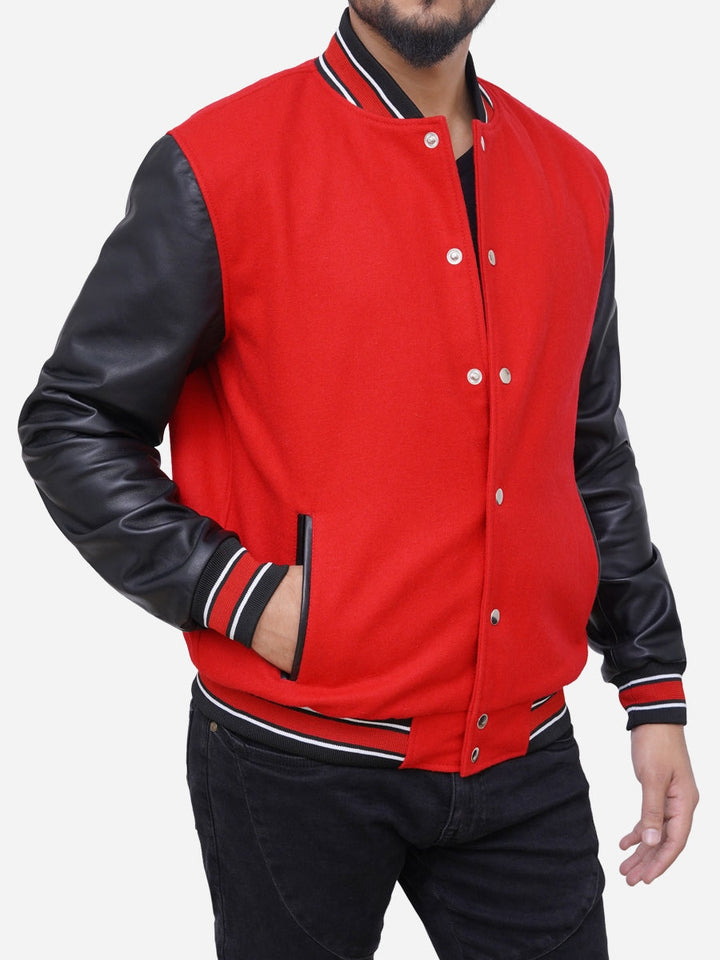 Men’s Izael Red and Black Varsity Bomber Jacket – Wool and Leather Letterman Style Outerwear