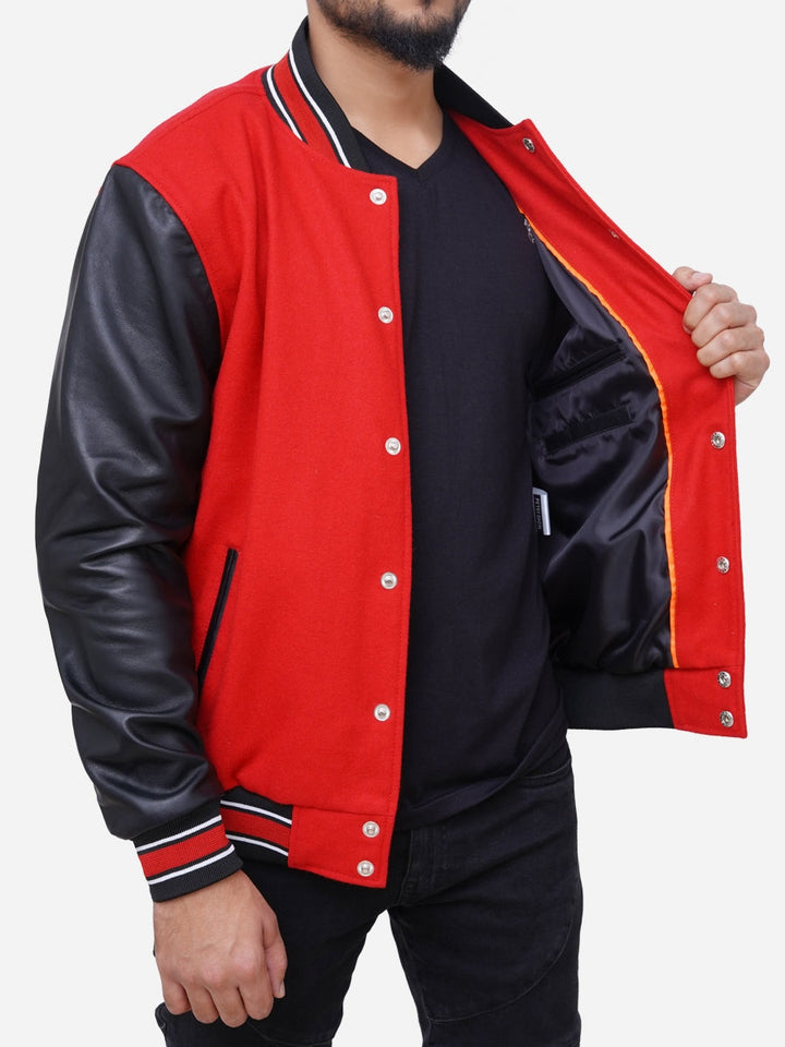 Men’s Izael Red and Black Varsity Bomber Jacket – Wool and Leather Letterman Style Outerwear