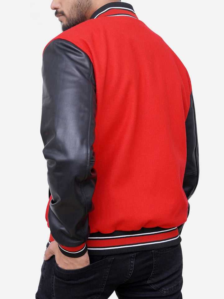 Men’s Izael Red and Black Varsity Bomber Jacket – Wool and Leather Letterman Style Outerwear