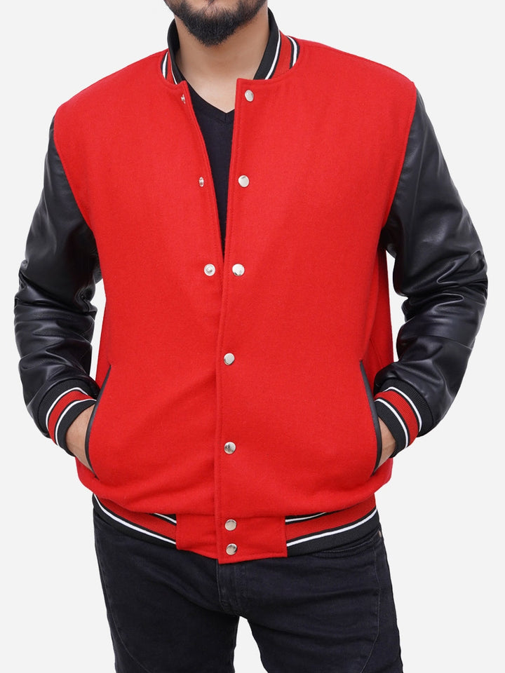 Men’s Izael Red and Black Varsity Bomber Jacket – Wool and Leather Letterman Style Outerwear