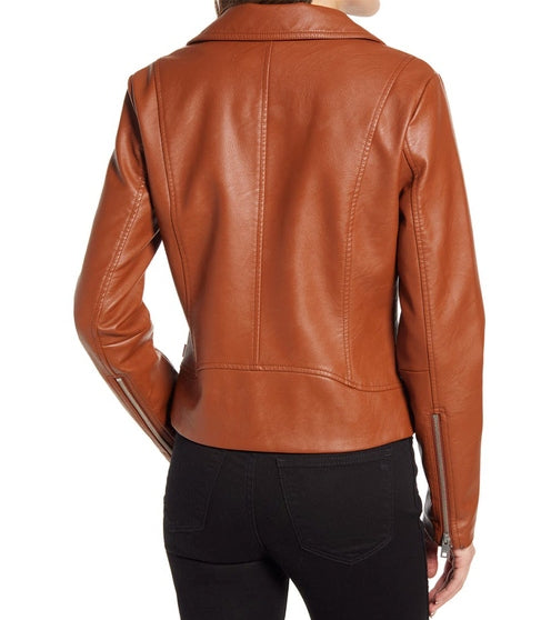 Women’s brown biker leather jacket front view with lapel collar and zip closure