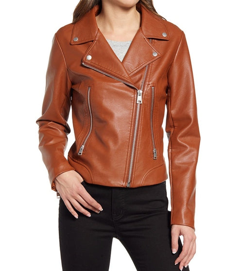 Women’s brown biker leather jacket front view with lapel collar and zip closure