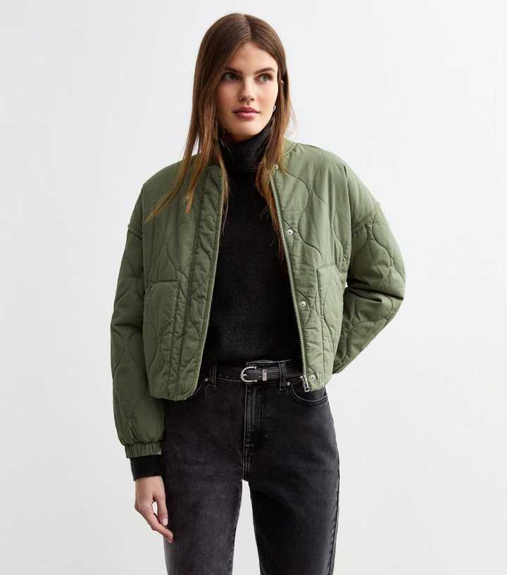 Women’s Khaki Lightly Padded Bomber Jacket with Stitched Pattern & Baseball Collar
