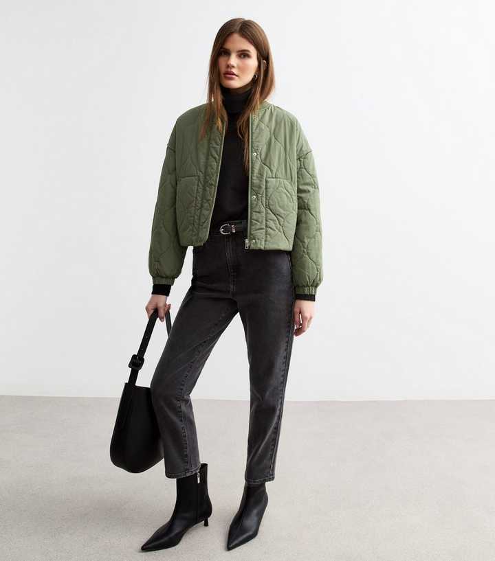 Women’s Khaki Lightly Padded Bomber Jacket with Stitched Pattern & Baseball Collar