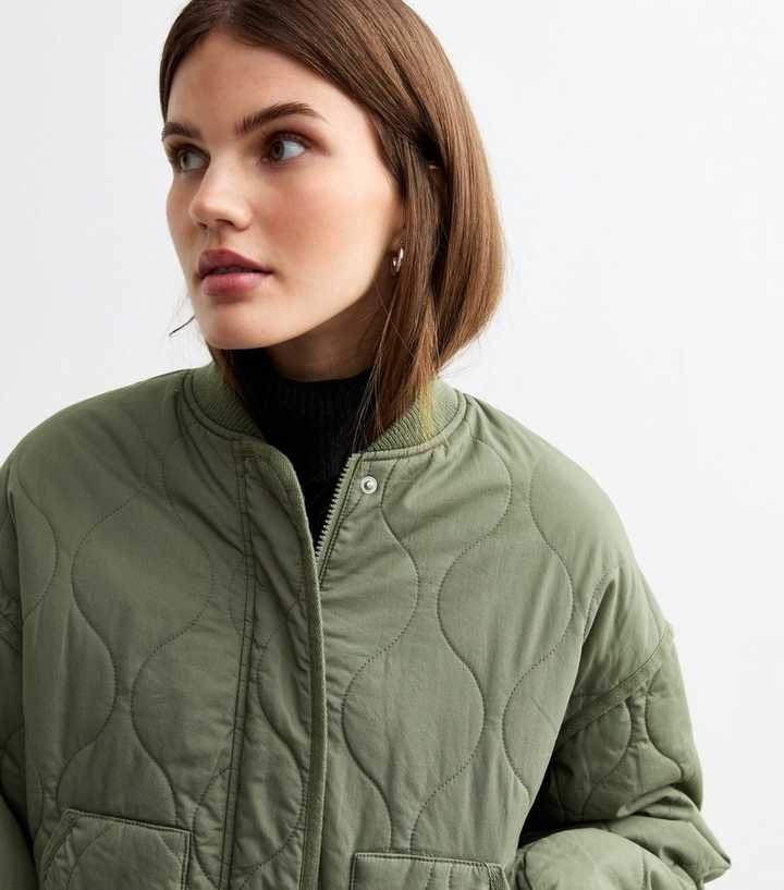 Women’s Khaki Lightly Padded Bomber Jacket with Stitched Pattern & Baseball Collar