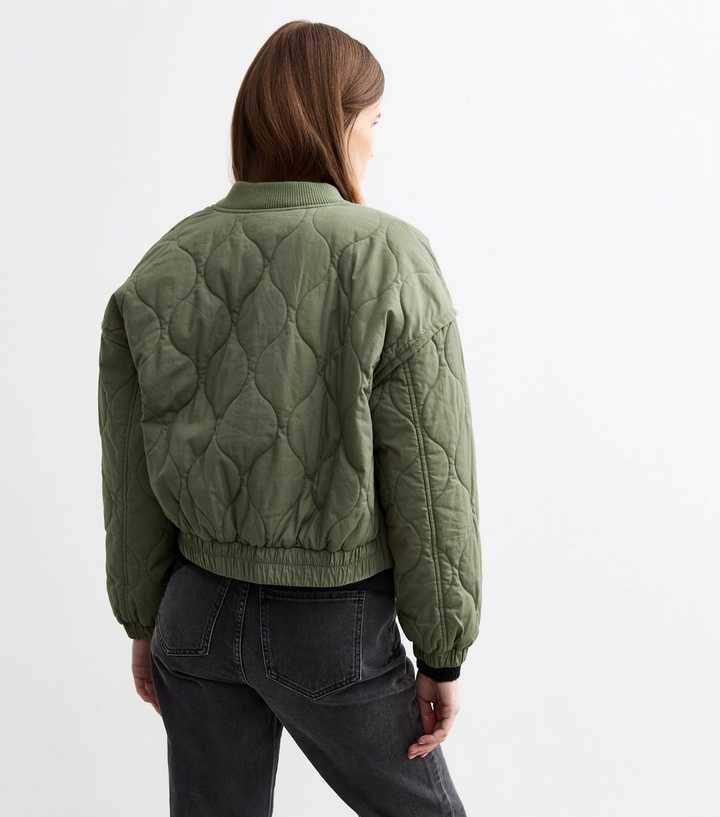 Women’s Khaki Lightly Padded Bomber Jacket with Stitched Pattern & Baseball Collar