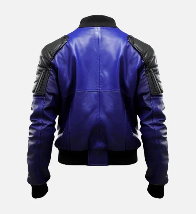 Men’s Blue & Black Sheepskin Bomber Leather Jacket with Quilted Shoulders