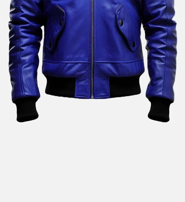 Men’s Blue & Black Sheepskin Bomber Leather Jacket with Quilted Shoulders